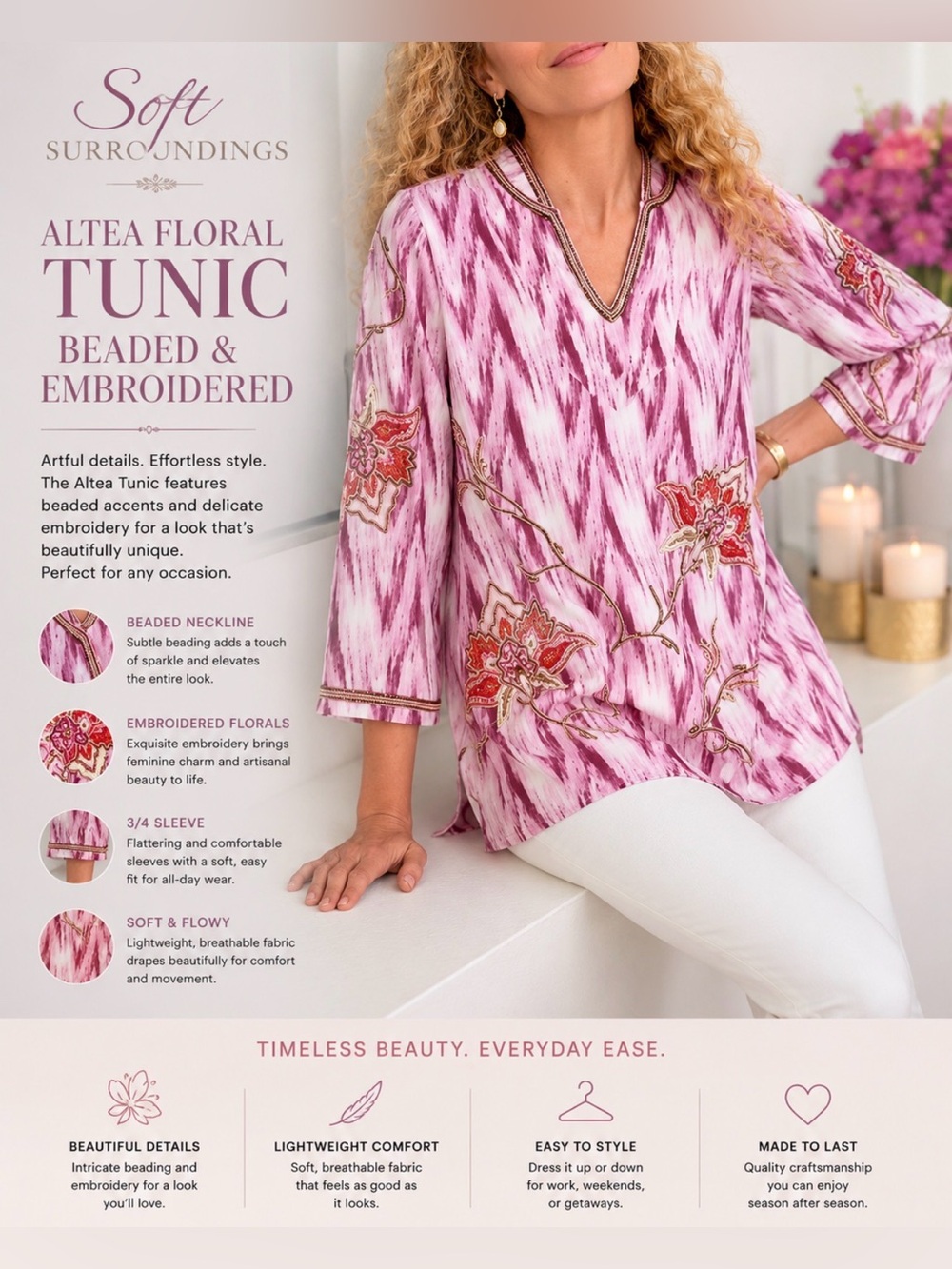 Soft Surroundings Altea Floral Tunic beaded, and embroidered